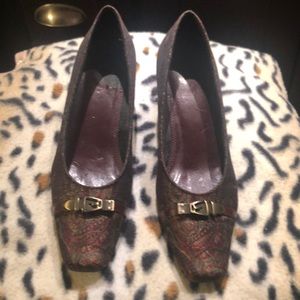 Burgundy and gold brocade fabric shoes